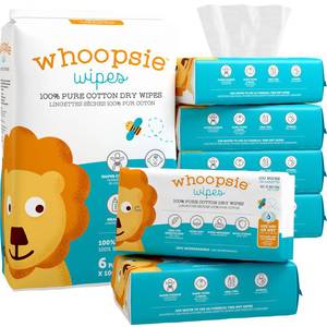 lot 45639 image: Whoopsie Wipes The Original 100% Pure Cotton Dry Baby Wipes Ultra Soft, Unscented, Chemical-Free Wipes for Sensitive Skin Use Dry or Add Water for Wet Wipes 6 Packs (600 Count) - Retail $37