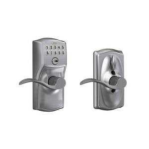 lot 45664 image: Schlage Camelot Keypad Lock with Lever Handle, Electronic Keyless Door Entry, Flex Lock Auto Lock Option, Satin Chrome, FE595 CAM 626 ACC - Retail $145