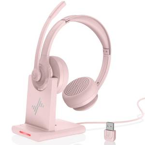 lot 45667 image: Wireless Headset with AI Noise Cancelling Microphone Bluetooth Headset - Bluetooth V5.2 Headphones with USB Dongle, Charging Base & Mic Mute for ComputerLaptopPCiPhoneAndroidCell Phones (Pink) - Retail $80