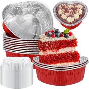 lot 45672 image: Honeydak 12 Pcs Heart Shaped Cake Pans for Baking with Lids 6 oz  180ml Valentines Aluminum Foil Cupcake Cups Mini Heart Cake Liners Disposable Baking Tins for Wedding Anniversary Dessert - Retail $16