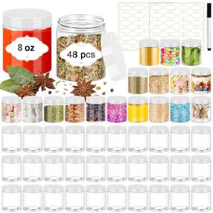 lot 45678 image: PeacePeo 8 OZ Plastic Jars, 48 Pcs Clear Plastic Jars with Lids Stackable Leakproof Storage Containers Jar Clear Empty Slime Containers with White Lids for Kitchen and Household Food Storage - Retail $31