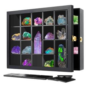 lot 45681 image: Adjustable Rock Display Case Wall Mounted, Crystal Collection Box with Shelves, Wooden Rock Collection Box for Kid and Collectibles - Retail $33
