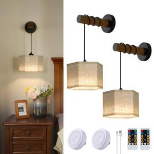lot 45686 image: XSDeTu Battery Operated Wall Sconces Set of 2, Modern Rechargeable Wall Mounted Lamps with Remote Control, Adjustable 3 Colors Dimmable Wall Lights for Bedroom, Wooden Arm, Hexagonal Fabric Shade - Retail $79