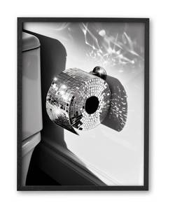 lot 26629 image: Small 8x10in Black Natural OAK Wood Disco Ball Toilet Paper Framed Wall Art, Trendy Funny Bathroom Decor, Modern Black and White Canvas Wall Art For Bedroom Living Room 1Pack - Retail $27