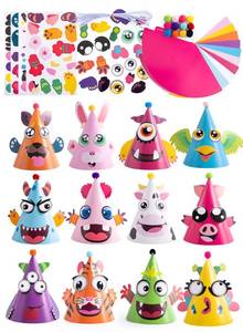 lot 26636 image: 12 Sets Party Hats for Kids Birthday Party Games Craft Activities, Cute Animal Theme Birthday Hats Activity Kits with Stickers for Kids Holiday Theme Party Favors Easter Decoration - Retail $12