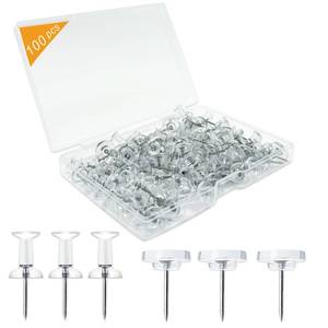 lot 26648 image: 100-Pack Heavy-Duty Tacks and Push Pins Clear Flat-Head Thumbtacks with Storage Box for Office, Home, Classroom & Cork Boards - Retail $4