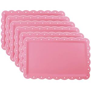 lot 26663 image: Set of 6 Plastic Serving Trays Food Tray - 14 x 9 Rectangle Serving Platter for Party Cafeteria Kitchen Restaurant , Small Flat Trays for Dessert Fruit Cookie Snack (6, Pink) - Retail $15