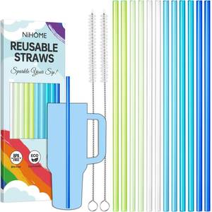 lot 26664 image: 12-Pack Plastic Reusable Drinking Straws for Stanley 40 oz 30oz 64 oz Tumbler, 6 Color 12 In Reusable Straws Fit for Stanley Cups w 2 Brushes, BPA-Free for Cold & Hot Beverages (Gradient Blue) - Retail $9