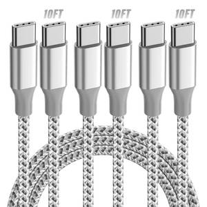lot 26698 image: USB C Cable 3 Pack 10FT 60W Fast Charging USB C to USB C Cable, Durable Type C Charger Cable for iPhone MacBook CarPlay and More-Grey White - Retail $10