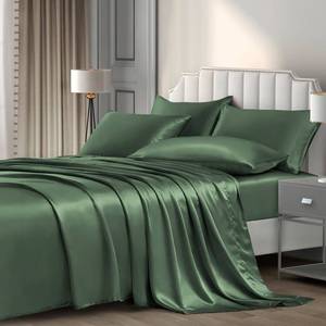 lot 26730 image: 6 Pieces Full Satin Sheets Luxury Silky Woodland Green Satin Bedding Sheet Set, 1 Deep Pocket Fitted Sheet  1 Flat Sheet  4 Pillow Cases - Retail $25