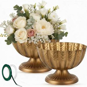 lot 26754 image: 2 Pcs Large 9 Inch Compote Vase for Centerpiece Flower Holder Metal Compote Bowl Indoor Outdoor Flowers Fruits Plant for Wedding Party Decoration Christmas Home (Gold Bronze) - Retail $32