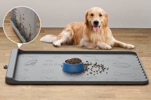 lot 26768 image: Dog Food Mat - Silicone Dog Mat for Food and Water - 36 x 24 Large Pet Feeding Mats with Residue Collection Pocket - Waterproof Dog Cat Bowl Mat with High Edges to Prevent Water Food Spills (Gray) - Retail $25