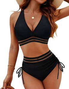 lot 26779 image: Blooming Jelly Women High Waisted Bikini Sets Tummy Control Swimsuits Mesh 2 Piece Bathing Suit (S, Black Mesh) - Retail $37