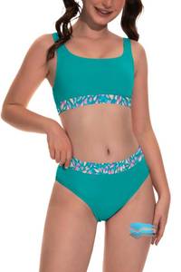 lot 26781 image: Period Swimwear for Teens Two Piece Menstrual Leakproof Swimsuit Bikini Sets Mid Waist Print Bathing Suit for Girl Blue M - Retail $49