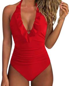 lot 26782 image: Women Sexy Halter One Piece Swimsuits Ruffle V Neck Tummy Control Bathing Suits (Red, M) - Retail $37