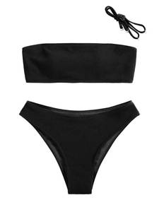 lot 26785 image: Women Strapless Ribbed High Cut Bandeau Bikini Lace Up 2 Pieces Swimwear (0-Pure Black,M) - Retail $35
