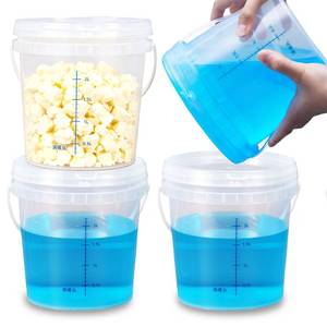 lot 26788 image: 4 Pack 3 Quart Clear Plastic Buckets with Airtight Pressure Lids - Food Grade Storage Containers with Tear Strip & Blue Measurement Markings for Food, Soup, Freezer - Retail $22