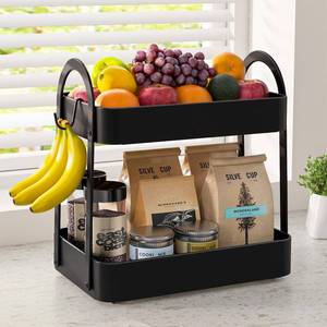 lot 26797 image: Fruit Basket for Kitchen Counter - 2-Tier Metal Fruit Bowl with Movable Banana Hanger, Multi-Purpose Fruit Holder for Kitchen, Bathroom & Living Room, 8.9 D x 13.4 W x 14.0 H, Black - Retail $13