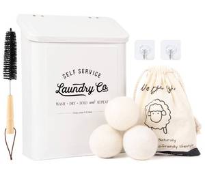 lot 26798 image: Magnetic Lint Bin for Laundry Room, Metal Trash Can with Lid for Dryer, Farmhouse Lint Holder, Laundry Co Sign, Laundry Room Storage Decor with Dryer Lint Brush (White-Dryer Ball Set) - Retail $27