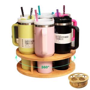 lot 26806 image: 7 Slots Water Bottle Organizer for Stanley Cup Tumbler Accessories Owala Bottle Holder Rotatable Drying Rack Storage for Kitchen Cabinet Countertop Pantry Organizers for Gift, Natural Wood - Retail $25