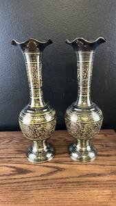 lot 179 image: MCM Etched Brass Vases with Gold and Floral Design - Pair