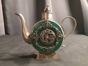 lot 3976 image: Chinese Dragon Jade & Silver Teapot
