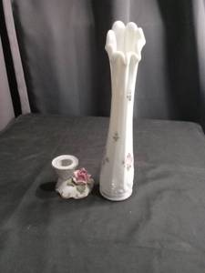 lot 3989 image: Porcelain Candlestick with Pink Rose Detail