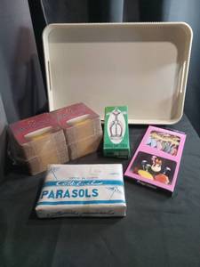 lot 3492 image: Party Supplies Bundle with Parasols, French Corkscrew, and Tropical Picks