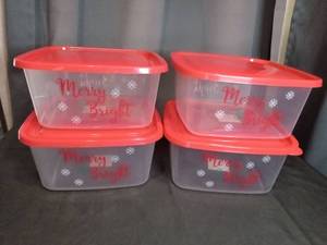 lot 3493 image: Christmas Holiday Food Storage Container Set with Red Lids