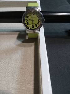 lot 3498 image: Geneva Platinum Analog Wrist Watch with Yellow Face and Green Band