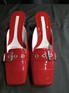 lot 3448 image: Via Spiga Red Patent Leather Mules with Buckle Detail
