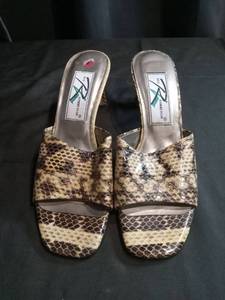 lot 3452 image: Snake Print Leather Mules with Kitten Heel