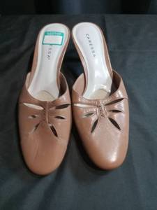 lot 3455 image: Caressa Brown Leather Cutout Heel Mules