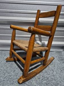 lot 187 image: Traditional Wooden Childs Rocking Chair with Woven Rush Seat