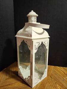 lot 300 image: White Metal Decorative Lantern with Glass Panels