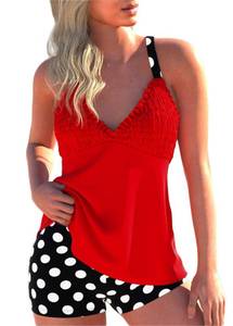 ROSEWE Womens Tankini Bathing Suits, Two-Piece Smocked Swim Dress, Print Swimsuits with Board Shorts Red, L - Retail: $40