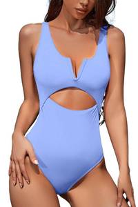 lot 1010 image: Meyeeka One Piece Swimsuit Women Tummy Control Bathing Suit High Waisted Bathing Suits for Women Light Blue, L - Retail $37