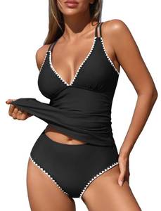 lot 1012 image: ZAFUL Black Tankini Tops for Women V Neck Push Up Swim Top Color Block Tummy Control High Waisted Swim Bottom Cheeky Bathing Suits for Women (Black L) - Retail $37