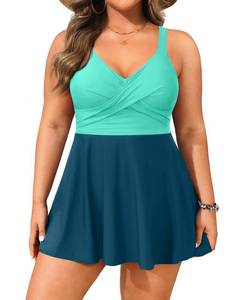 lot 1015 image: Aqua Eve Plus Size Swim Dress - Two Piece Tankini Swimsuit Tummy Control Bathing Suit with Shorts 2025 Teal and Green 16W - Retail $44