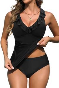 lot 1032 image: Yonique Womens Two Piece Swimsuits - Ruffle Flounce Tankini Tummy Control Bathing Suits V Neck Swimwear Black 18 Plus - Retail $37