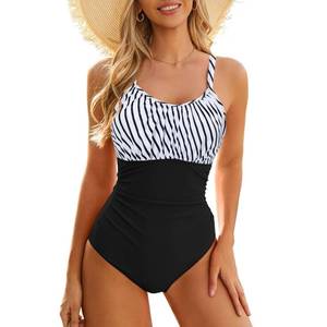 lot 1033 image: Century Star Tummy Control One Piece Swimsuit for Women Vintage Bathing Suits Ruched Swimwear Black and White Large - Retail $25