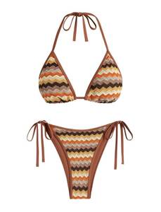 lot 1044 image: ZAFUL Womens Colorblock Stripes Triangle Halter Tied Cheeky Thong Bikini Set High Cut Two Piece Bathing Suit (1-Coffee, L) - Retail $33