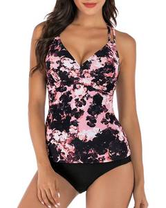 lot 1063 image: HAIVIDO Womens Tankini Swimsuits V Neck Criss Cross Back Two Piece Bathing Suits Adjustable Padded Tankini Top with Bikini Bottom Print-8 L - Retail $40