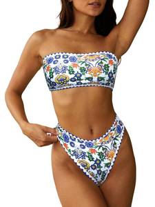 lot 1078 image: ZAFUL Women Strapless Textured Bandeau Bikini 2 Piece Swimwear Cheeky Solid Lace up Bathing Suits(7-Blue Yellow,L)
