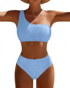 lot 1085 image: Pfreesea Bikini Sets for Women High Waisted 2 Piece Bestselling Swimsuit Ribbed One Shoulder Tummy Control Bathing Suit 2025 Light Blue Medium  - Retail $35
