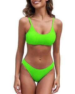 lot 1086 image: Fanuerg Womens Ribbed Bikini Sets Scoop Neck Cheeky Swimsuit Textured Two Piece Bathing Suit Fluorescent Green L - Retail $30