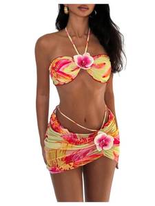 lot 1104 image: SOLY HUX Womens 3 Piece Swimsuit Floral Halter Bikini Set Beach Vacation Bathing Suit with Drawstring Cover Up Skirt Multicoloured Floral X-Small - Retail $40