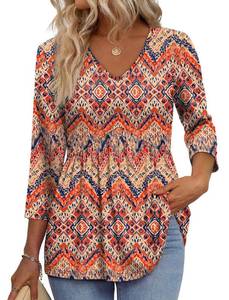 lot 1107 image: Womens 34 Sleeve Summer Tops Boho Tops Business Casual Womens Blouses Spring Fashion Clothing Babydoll Shirts Cowgirl Vacation Outfits Western Bohemia Orange S&nbsp