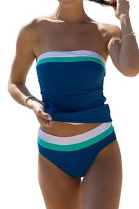 lot 1117 image: Beachsissi Bandeau Swimsuits for Women Strapless Swimwear Bathing Suits Tummy Control Color Block Tankini Sets, Blue, XL - Retail $40