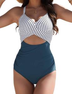 lot 1129 image: Buauty Womens One Piece Swimsuit Tummy Control Bathing Suits Sexy Cutout Swimwear Full Coverage Swim Suits for Women 2026 Blue Striped XL - Retail $25